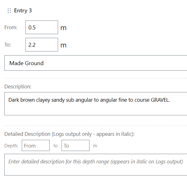 Borehole data entry showing stratigraphy, depth ranges and geological descriptions